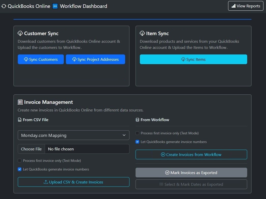 Workflow app dashboard connected to QuickBooks Online, showing customers, items and invoices synced